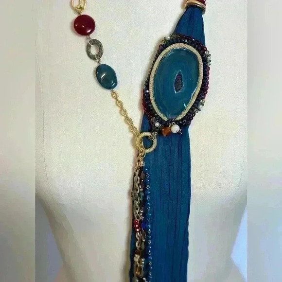 Vintage Stunning Handmade Agate Blue Polish Stone Scarf Necklace - Picture 2 of 13